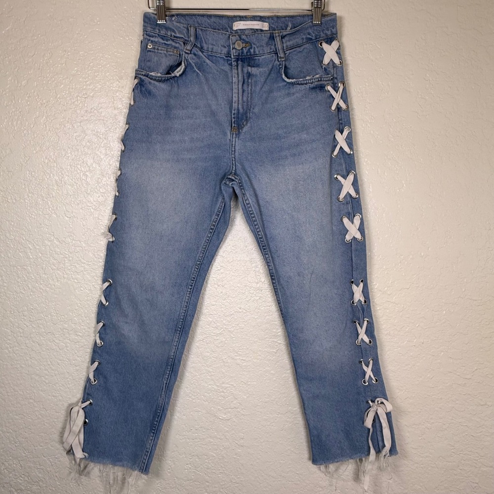 Jeans Zara Women Size 6 Blue Lace Up Side Frayed Hem Distressed Denim Pants